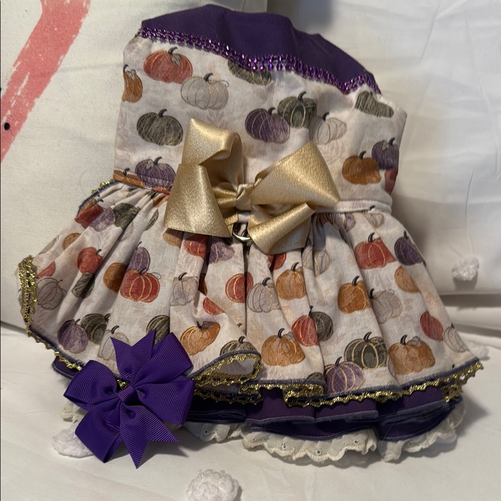 Purple and Gold Dog Dress with Pumpkin Design